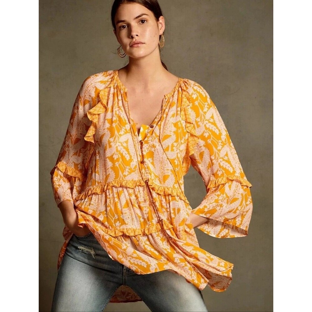 Anthropologie Mia Yellow Tiered Tunic Boho Coastal - Size Large Petite